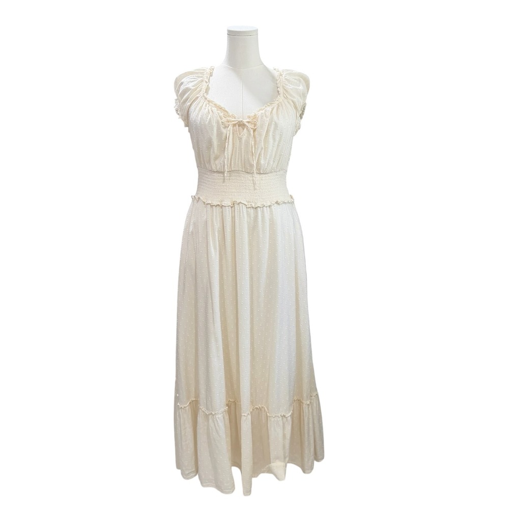 Old Navy Cream Clip Dot Smocked Waist Maxi Dress Cottagecore Boho Prairie SZ L - Picture 4 of 8